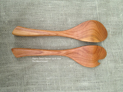 Salad Server set handmade in Cherry wood Sassafras leaf design