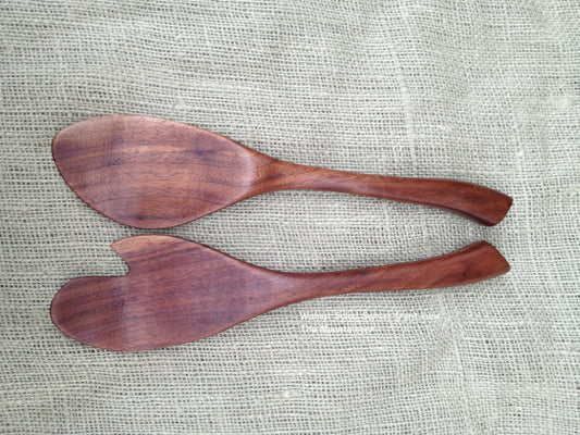 Salad Server set handmade in Walnut wood Sassafras leaf design