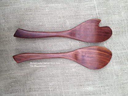 Salad Server set handmade in Walnut wood Sassafras leaf design